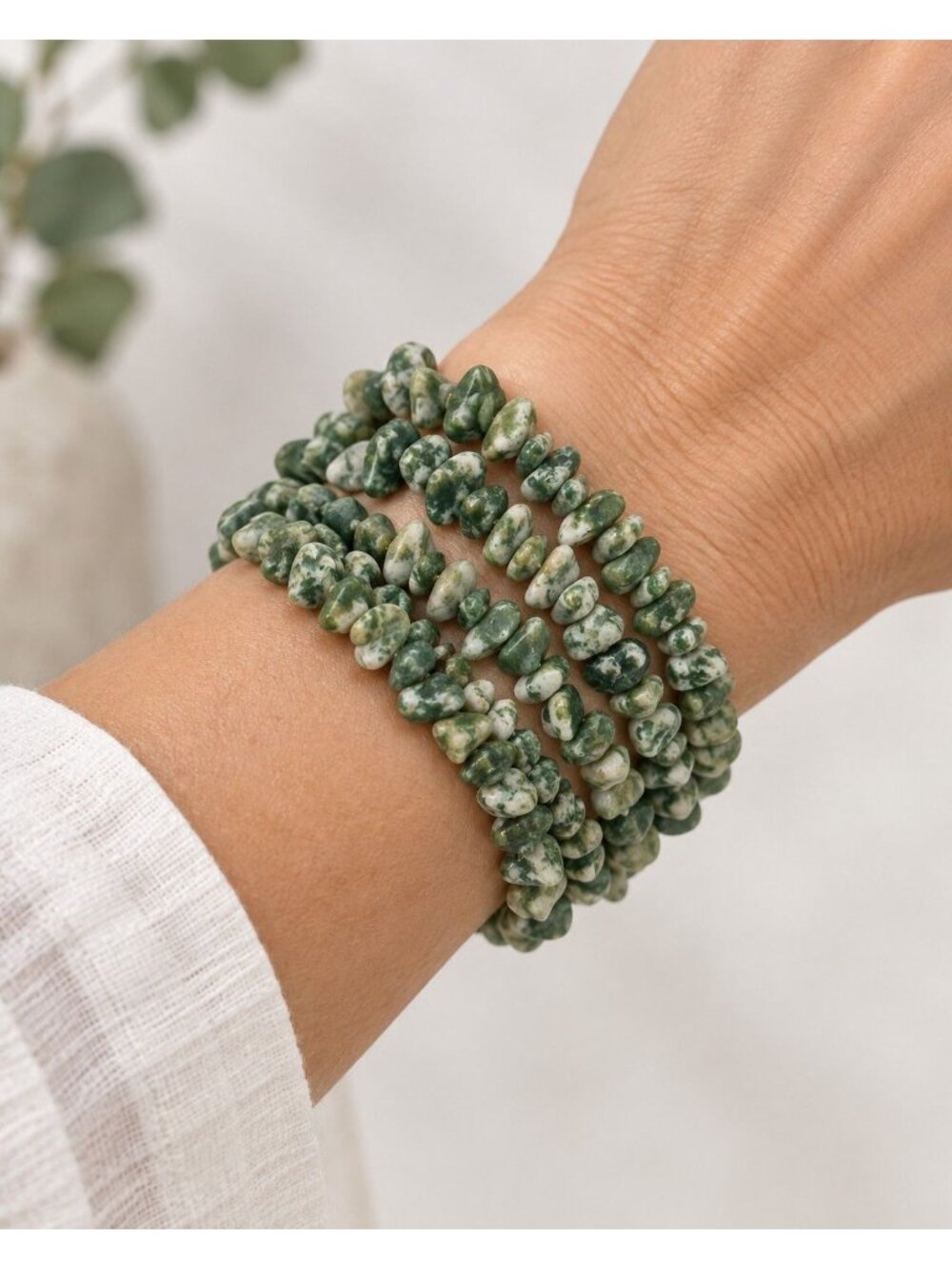 Tree Agate Chip Memory Wire Wrap Bracelet 4" Wide Green White Stone